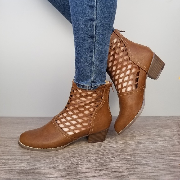 Shoes - Brown Cut out Ankle Perforated Spring Boots